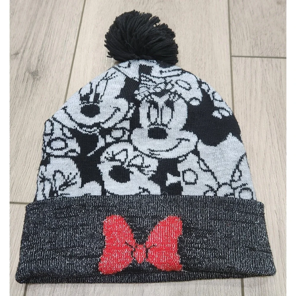 Disney Minnie Mouse Girls Beanie Black White Knit Pom Hat Red Glitter Bow OSFM